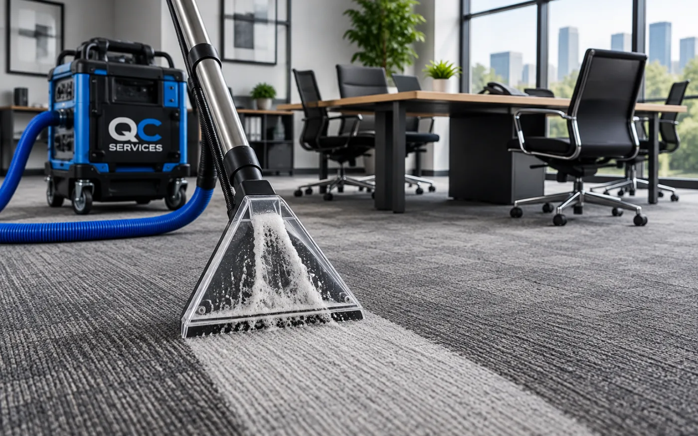 Open plan office with freshly cleaned carpet tiles