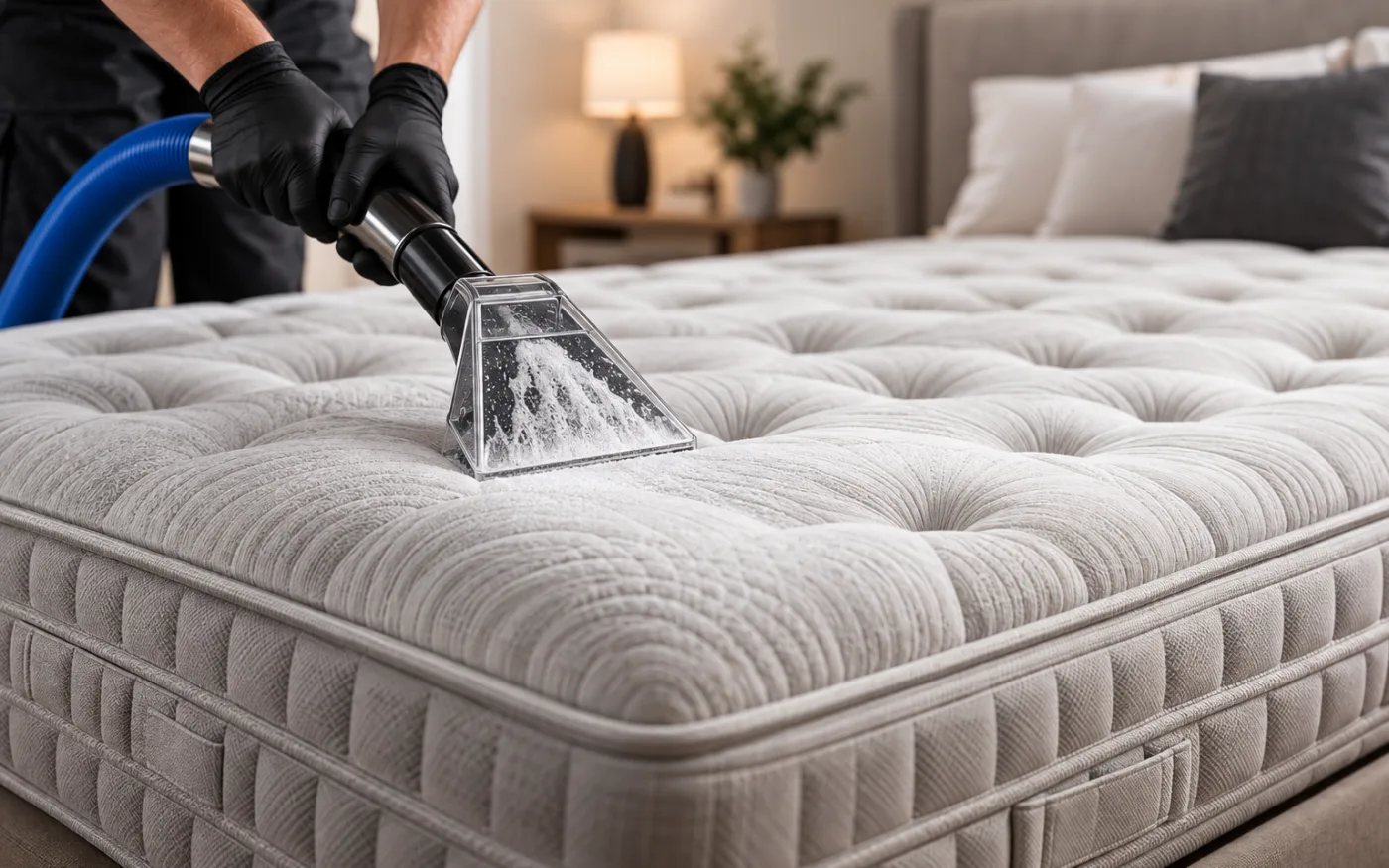 Steam cleaning a mattress with an extraction tool