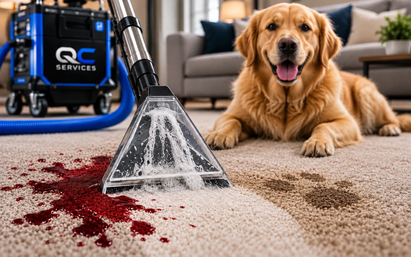Dog and cat resting on a clean carpet