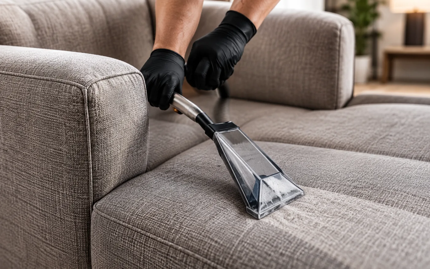 Steam cleaning a dark grey sofa